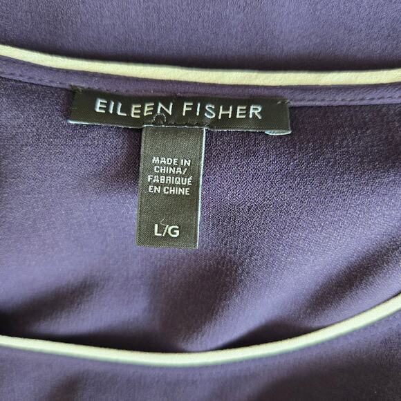 Eileen Fisher Silk Georgette Crepe Blouse Navy Salt Lake Piped Women Large - Picture 10 of 12